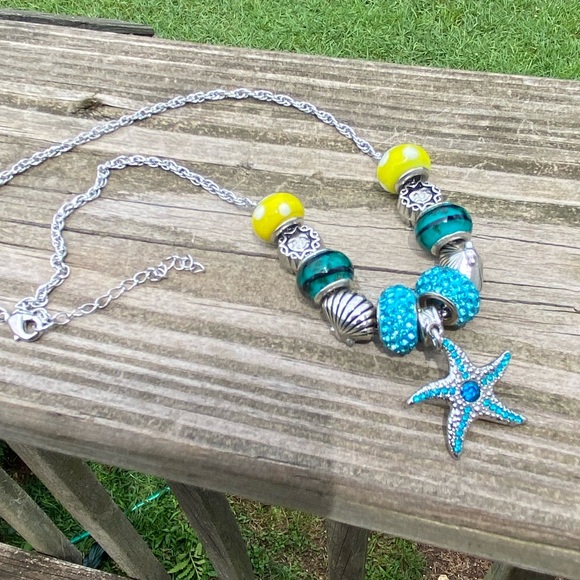 Starfish Summer crystal charm bead necklace sea shell Sun beads blue yellow - Picture 6 of 6